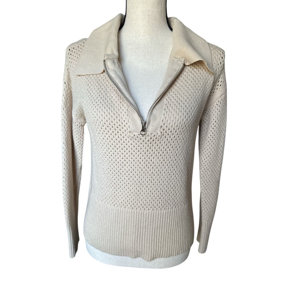 Women's Small Half Zip Pullover Sweater Crochet Lapel Collar Long Sleeve Beige